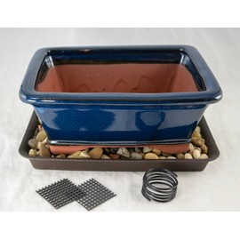 Calibonsai Yubonzai 8" Rectangular Dark Blue Bonsai Pot, Cactus & Succulent Planter + Tray + Rock + Mesh and Wire - Combo (768-8DB COM)