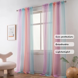 Yancorp - Cortina transparente de media habitación, 84 pulgadas de largo, cortinas de lino con efecto arcoíris degradado, cortinas con bolsillo para barra, sala de estar, recámara de sirena, cuarto de