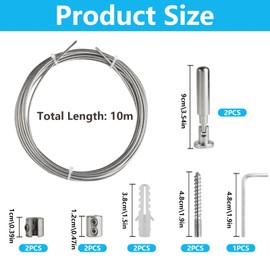 10 m Wall Mount Set, Stainless Steel Curtain Wire, Tension Rope, Tension Rope, Curtain Rope System, Tension System for Clothesline, Shower Curtains, Photo Wire, Balcony Curtains, Outdoor Curtain Rope
