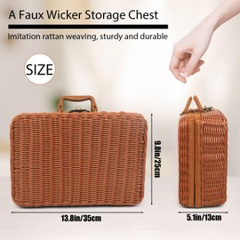 Wicker Picnic Basket with Handle, Vintage Rattan Suitcase Basket, Rustic Storage Box with Leather Strap Lock, Makeup Organizer, Prop Case for Camping Travel, 13.8 x 9.8 x 5.1 Inches (Brown)