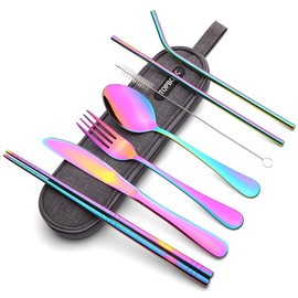 Portable Stainless Steel Flatware Set, Travel Camping Cutlery Set, Portable Utensil Travel Silverware Dinnerware Set with a Waterproof Case (Rainbow)