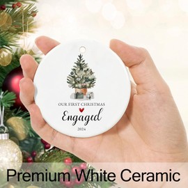 Our First Christmas Engaged Ornament 2024,Just Engaged Gifts for Couple, Ceramic Keepsake Engagement Ornaments 2024 with Ribbon and Gift Box
