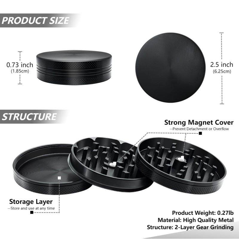 (Black) 2.5 inch Grinder, Portable, Suitable for Kitchen Use
