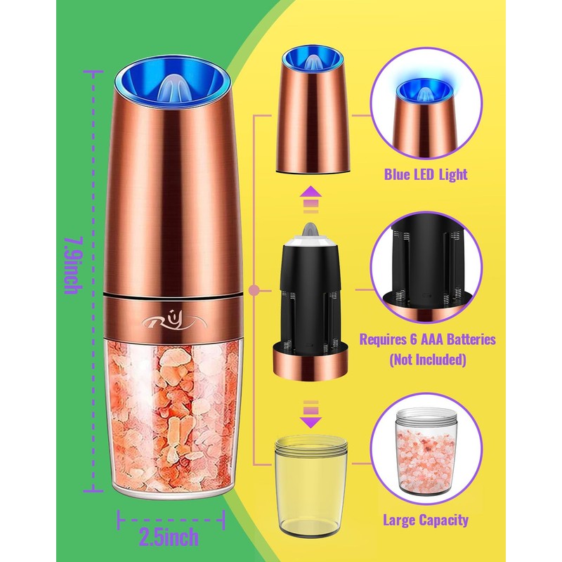 Rongyuxuan Electri Gravity Salt and Pepper Grinder Set, Ceramic Rotor,
