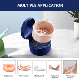 DIDATOOL Denture Cup, Denture Bath, Denture Cups for Soaking Dentures, Denture Case with Lid, Denture Bath with Rinsing Basket, Easy to Carry and Clean Retainer Case Denture Cleaning kit (Navy Blue)