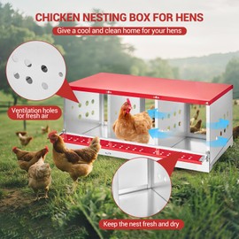 GarveeLife Chicken Nesting Boxes for Laying Eggs, Metal Chicken Nesting Box with Vented Holes and Swing Perch for Chicken Coop, Egg Laying Boxes for Chickens, Hens, Ducks (3 Compartments)