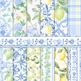 24 Sheets Lemon Pattern Paper 12'' x 12'', Mediterranean Lemon Scrapbook Paper Pad, Royal Blue and White Double-Sided Patterned Cardstock for Card Making, Origami, Scrapbooking, DIY Photo Album Decor
