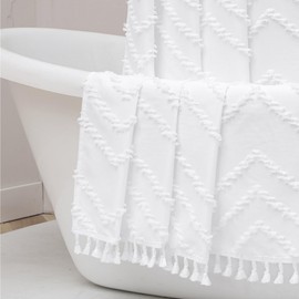 OWENIE - Cortina de ducha extralarga, estilo bohemio, color blanco, elegante chevron a rayas texturizadas, cortinas de ducha de tela con borla para el baño, casa de campo suave estilo hotel, lavable a