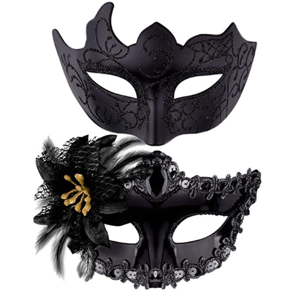 CHENKEE Venetian Masquerade Mask, Pack of 2 Masquerade Mask Women Men Venetian Mask Masquerade Mask for Halloween Carnival Party Costume (Black)