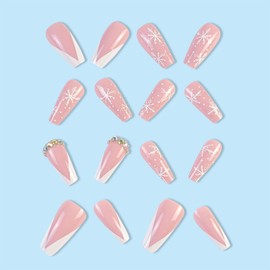 Christmas Press on Nails Long Coffin SWEKKE French Tip Fake Nails Pink Full Cover White Snow False Nails with Designs Rhinestones Glossy Glue on Nails Acrylic Artificial Nails for Women Girls 24Pcs