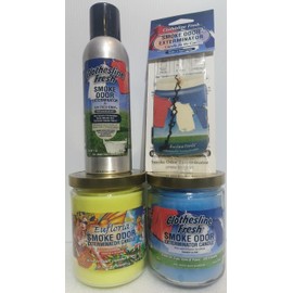 Smoke odor Exterminator Clothesline Fresh, Includes One 13 oz Jar Candle of Clothesline Fresh & one Candle of Eufloria one 7 oz Spray & One Car Hanger All (4) Items in One Bundle.