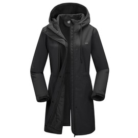 33,000ft 33,000ft Women's Waterproof Jacket with Hood Ladies Softshell Jacket Fleece Lined Windbreaker 8000MM Raincoat Long Waterproof Coats for Outdoor Walking, Black XL