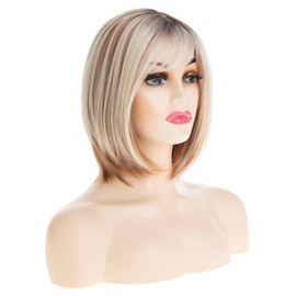 Baruisi Highlight Blonde Bob Wig with Bangs Short Straight Synthetic Dark Roots Women Wig Daily Party Use