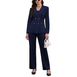 Womens Business Professional Outfits 2 Piece Pants Suit Long Sleeve Blazer Pant Set Casual Office Work Outfits Navy Blue XL