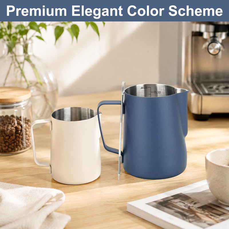 BSDLZCH 2 Pack Milk Frothing Pitcher 600ml & 350ml, Blue/Beige