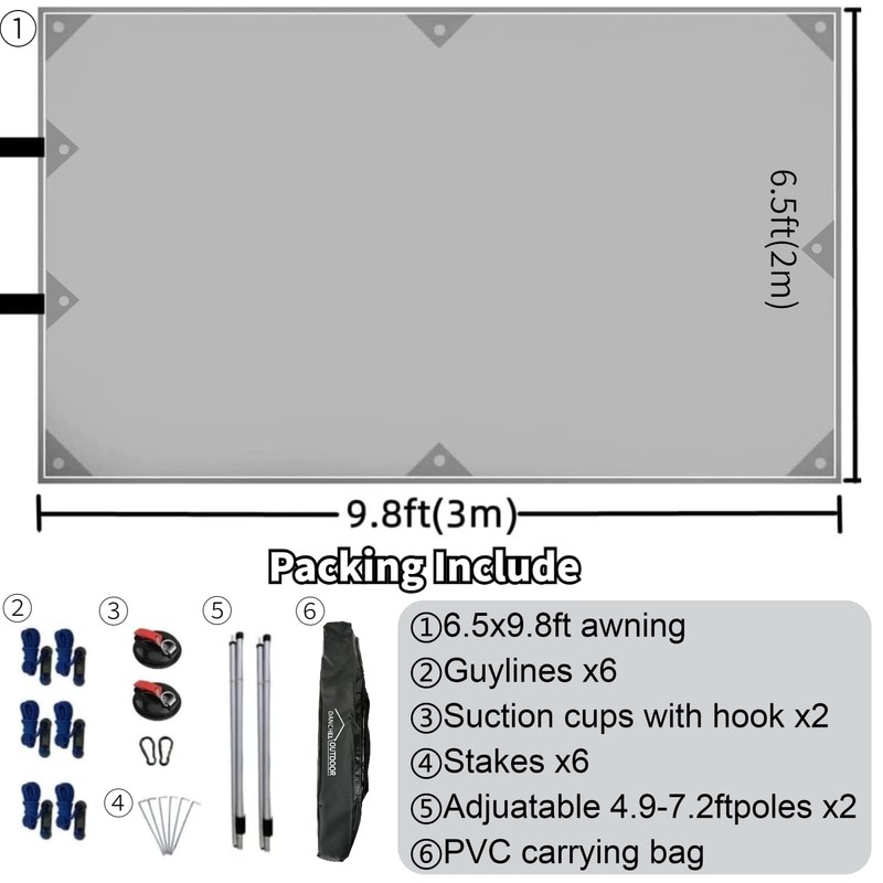 DANCHEL OUTDOOR Portable Suction Cups Car Camper Awning 7.7lbs, Needn't