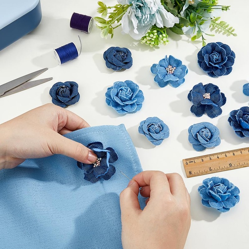 SUPERFINDINGS 12Pcs 3 Styles Denim Flower Blue Flower Embellishment 3D