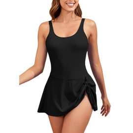 Vozobi Womens One Piece Swimsuits Tummy Control Bathing Suits Tie Knot Skirt Build-in Brief Super Short Bodice Swimdress Black