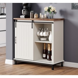 WAMPAT Farmhouse Coffee Bar Cabinet with Sliding Barn Door, Wood Sideboard Buffet Cabinet with Adjustable Shelf & Metal Leg, Kitchen Storage Cabinet for Living Room, White, 35 Inch