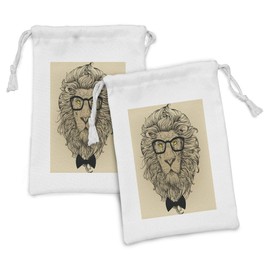 Ambesonne Indie Fabric Pouch Set of 2, Lion Character Portrait with Glasses and Bowtie Hipster Smart Cool Dandy, Small Drawstring Bag for Toiletries Masks and Favors, 9" x 6", Sand Brown Black Yellow