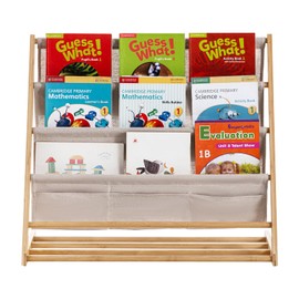 Sino Salected 4-Tier Sling Book Rack Storage, Bamboo Bookshelf for Kids, 4-Shelf Display Children's Bookshelf for Bedroom Living Room, Playroom, Deep Size Bookshelf Hold More Books