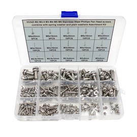 HVAZI M2 M2.5 M3 M4 M5 M6 Stainless Steel Phillips Pan Head Screws Combine with Spring Washer and Plain Washers Assortment Kit