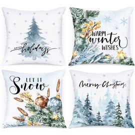 Lanpn Winter 16x16 Christmas Throw Pillow Covers Set of 4, Decorative Snow Holiday Pillow Case Cushion Cover 16 x 16 for Indoor Home Bedroom Sofa Couch Xmas Decor