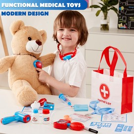 Play-Act Kids Doctor Kit, 16-Piece Medical Kit with Bag, Doctor Role Play Set with Realistic Toy Stethoscope, Reusable Record Cards, Dress Up Playset for Toddlers Ages 3+