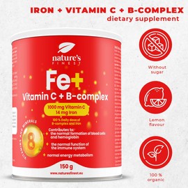 The Nature's Finest Fe + | Iron for 30 Days | 1000 mg Vitamin C Per Serving | 100% Daily Dose of B Complex and Iron