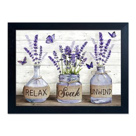 Lavender Bathroom Wall Art Purple Flower Vase Pictures for Home Rustic Farmhouse Butterfly Canvas Painting Country Bathroom Framed Artwork