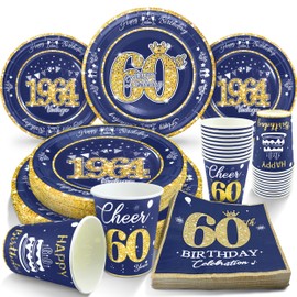 algpty 60th Birthday Decorations Blue and Gold, Service for 30, Vintage 60th Birthday Party Supplies Includes Blue and Gold 1964 Plates, Napkins,Cups 60th Birthday Plates and Napkins for Men Women