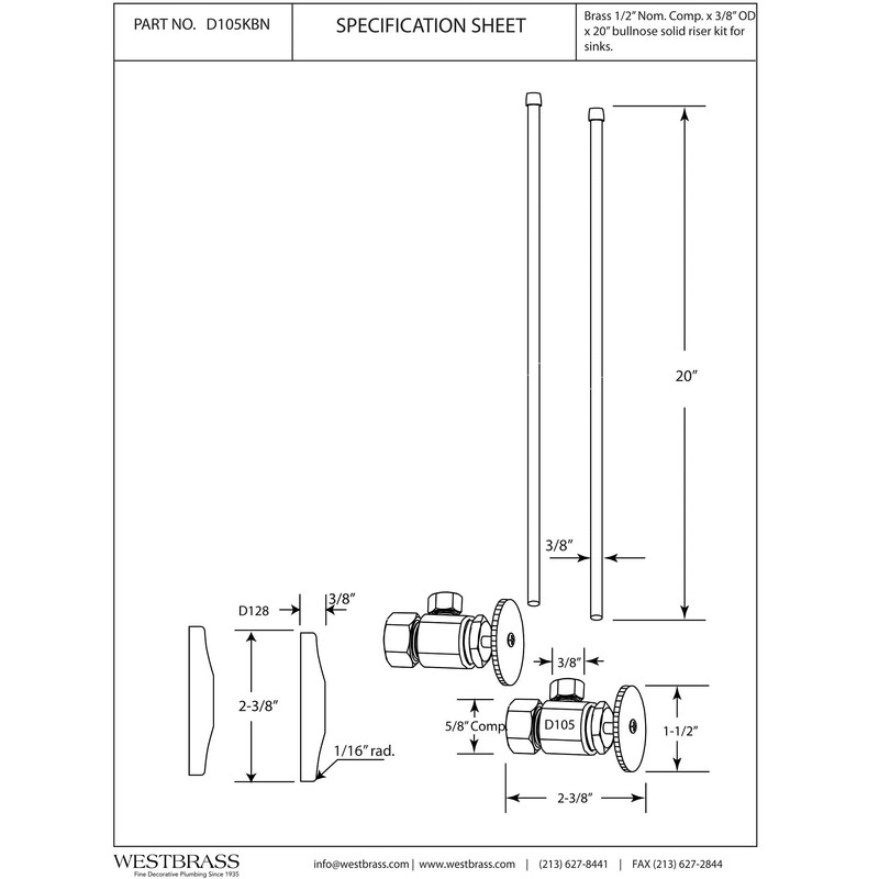 Westbrass Bullnose Faucet Kit with Round Handles, 5/8" OD x