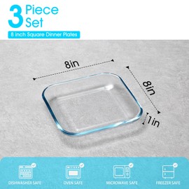 NUTRIUPS 3 Pack 8 Inch Square Dessert Plates, Small Clear Tempered Glass Appetizer Plate Set For Kitchen, Dinnerware Dish Set, Dishwasher & Microwave Safe