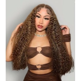 DaXunDi 30 Inch Honey Blonde Lace Front Wigs Human Hair 200% Density Highlight Ombre Deep Wave Human Hair Wig 4/27 Lace Front Wigs Human Hair Pre Plucked for Women with Baby Hair (Blonde 30 Inch)