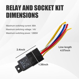 Car Relay with Harness, 5 Pin 80A 12V On/Off Normally Open SPST Relay Socket Plug, Model JD2912-1Z-12VDC 80A 14VDC, Automotive Switches and Starters for Car SUV Truck