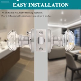 Orger 1 Pack Diamond Crystal Door Knob, Privacy Door Handle for Bedroom/Bathroom, Interior Keyless Door Knob with Pin Lock, Zinc Alloy Rosette with Satin Nickel Finish