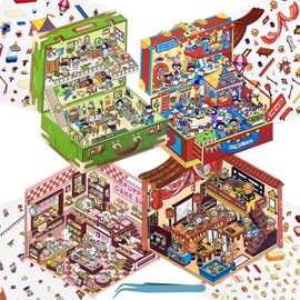 4 Sets DIY 3D Fun Mini House Sticker Scenes with Tweezers Make Your Own Dessert Shop Circus Opera Scenes Treasure Box Scene Stickers Cute Micro Room Craft Stickers for Relief Stress Pass The Time