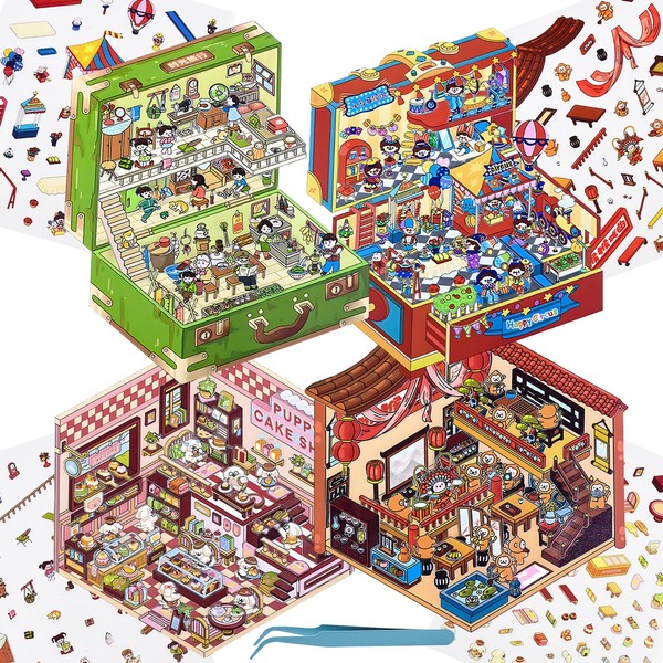 4 Sets DIY 3D Fun Mini House Sticker Scenes with