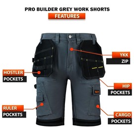 WrightFits Men Pro Builder Work Shorts - Grey - Heavy Duty Safety Combat Cargo Summer Shorts – Multi Holster Pockets - Triple Stitched Durable Workwear (42W)