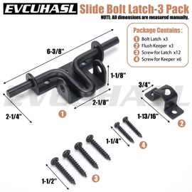 EVCUHASL Slide Bolt Gate Latch with Padlock Hole, Heavy Duty Sliding Bolt Door Lock Hardware for Wooden Fence, Shed Gates, Barn Doors, Backyard Gate, Bolt Latch with Black Finish, 3 Pack