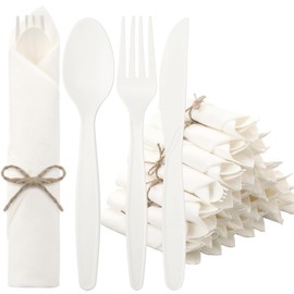 Honeydak 200 Pack Compostable Disposable Utensils Large Cornstarch Biodegradable Cutlery (50 Forks, 50 Knives, 50 Spoons, 50 Napkins) Pre Rolled Napkin and Disposable Flatware Set for Party Wedding