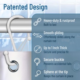 Blau Marité Set of 12 White Metal S Hook Shower Hooks 1” – Closed, Heavy Duty, Long Decorative Shower Curtain Hooks, Easy Glide, Buckle, Large Rust Resistant Rings for Bathroom Rods (White, S)