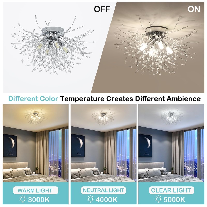 HMVPL Chrome Crystal 4-Light Mini Firework Ceiling Light Fixture, Modern