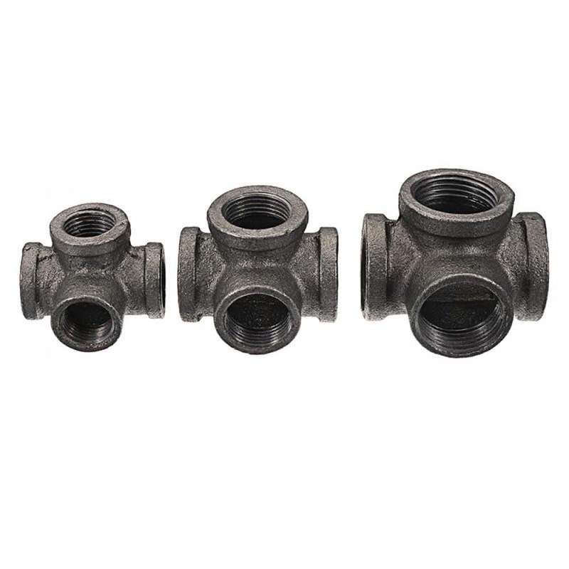 4 Way Pipe Fitting Malleable Iron Black Side Outlet Tee