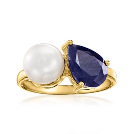 Ross-Simons 7.5-8mm Cultured Pearl and 2.80 Carat Sapphire Toi Et Moi Ring in 18kt Gold Over Sterling. Size 6