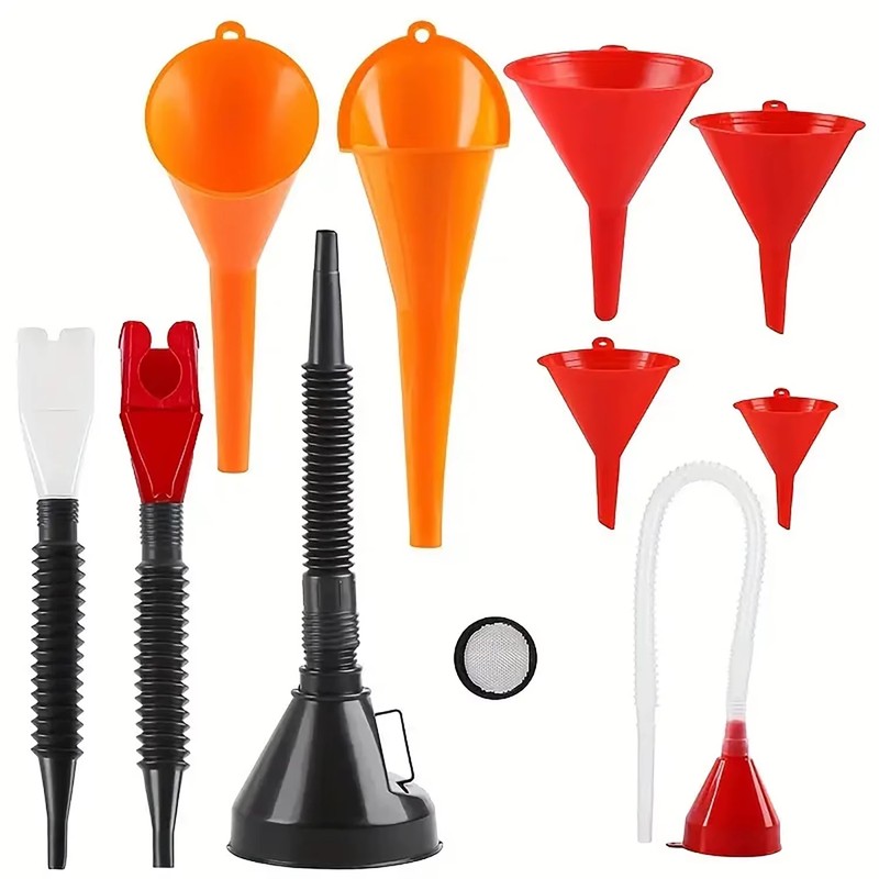 8 or 11-Piece Automotive Funnel Set – Plastic Wide-Mouth Funnels