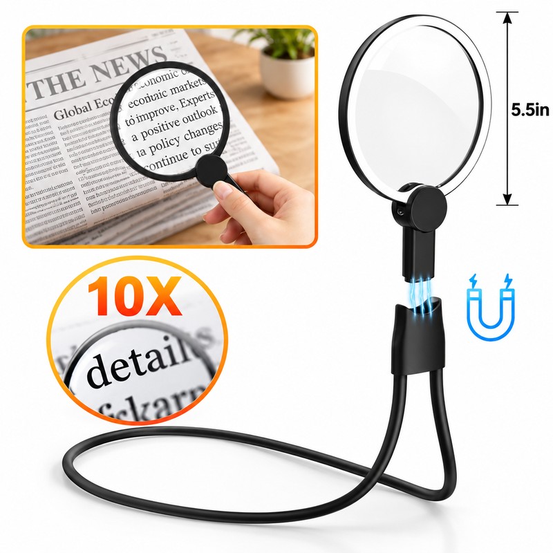 10X Neck Wearing Magnifying Glass, Rechargeable Hands-Free Magnifier for Reading,