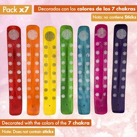 Pack of 7 - Incense Burner (Censer) - Wooden Incense Holder - 7 Different and Unique Colours Chakra with Flower of Life - Handmade in India