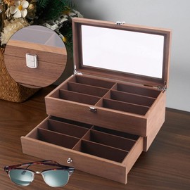 YINZINR Sunglasses Organizer Box, 12 Slot 2 Layer Eyeglasses Case Box Sunglass Storage Box Wood Eyewear Display Organizer, for Women Men, Valentines Gift