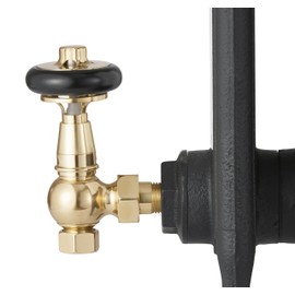 UK-28 Ab Arroll traditional thermostsic radiator valve in Antiqe brass with FSC certified black wooden wheel head & lockshield
